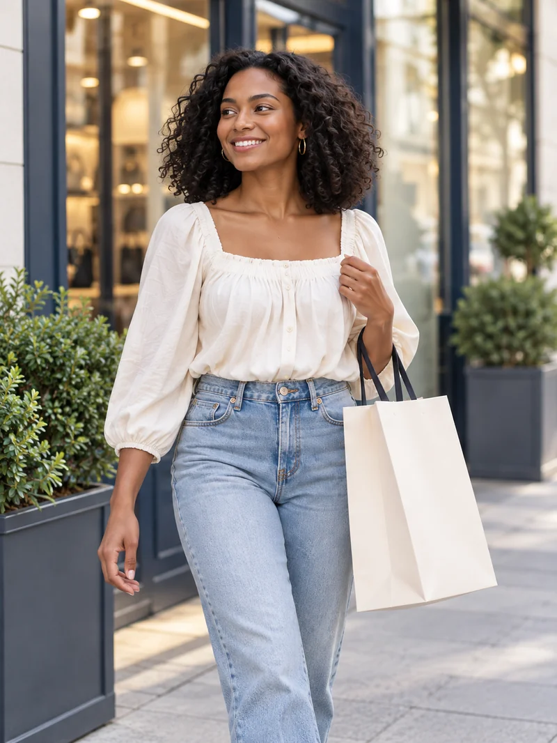 Woman walking past a boutique window, bag in hand