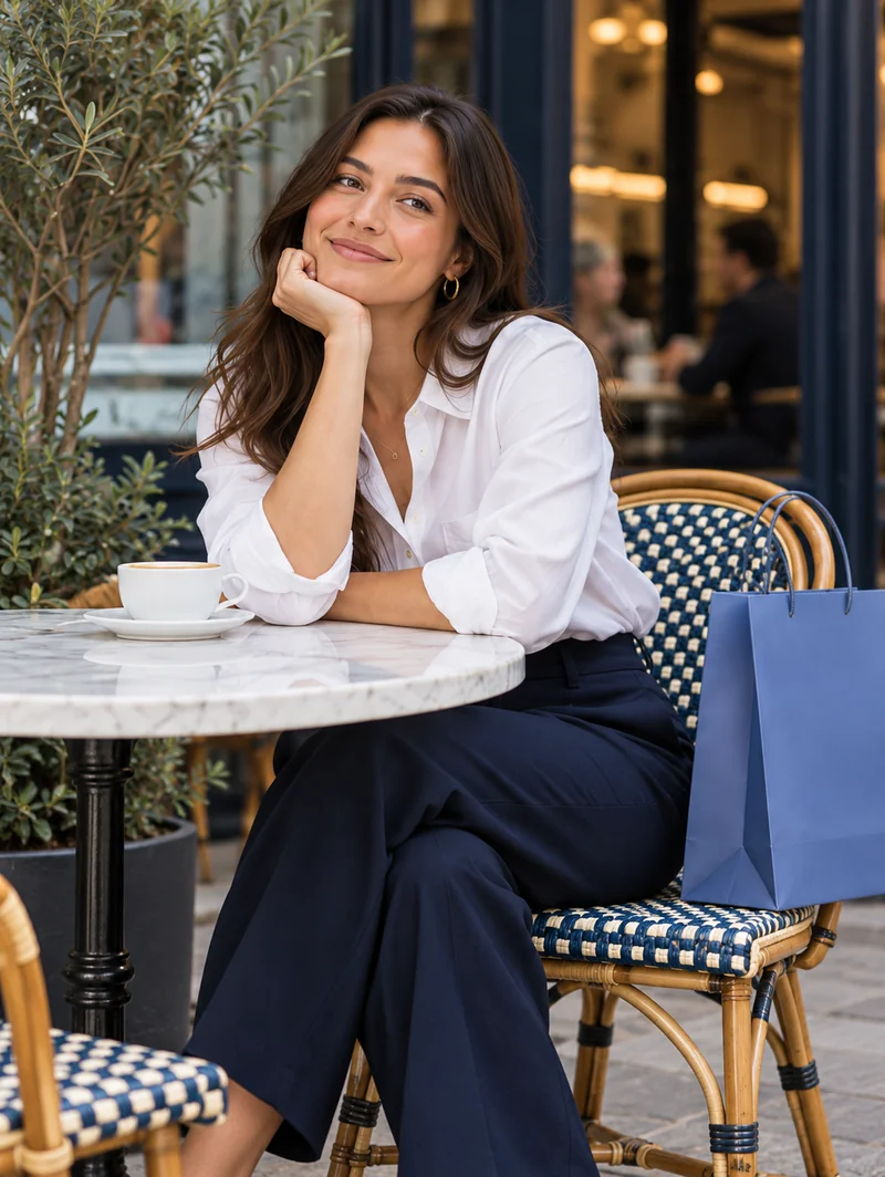Woman at a café table, relaxed, a small shopping bag beside her