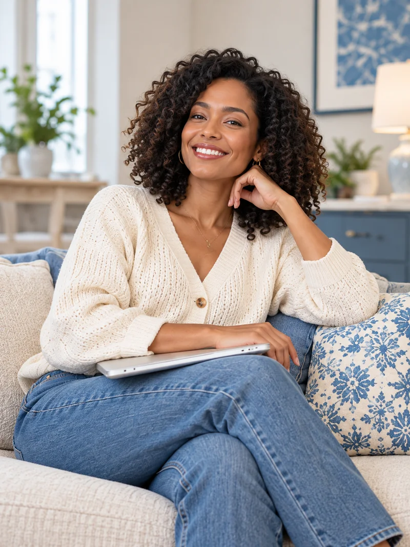 Woman smiling on a sofa with a laptop on her knee