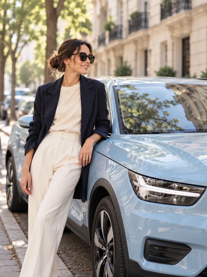 Woman in sunglasses leaning against a light-blue car on a city street