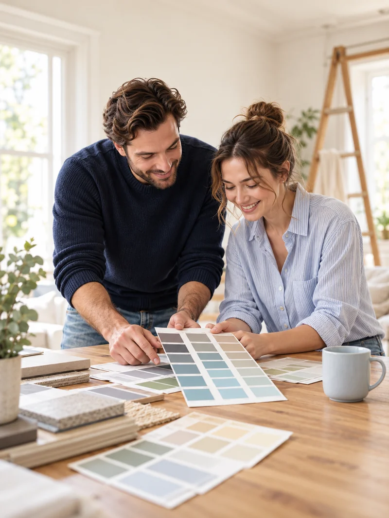 Couple choosing paint swatches for a home project at a wooden table