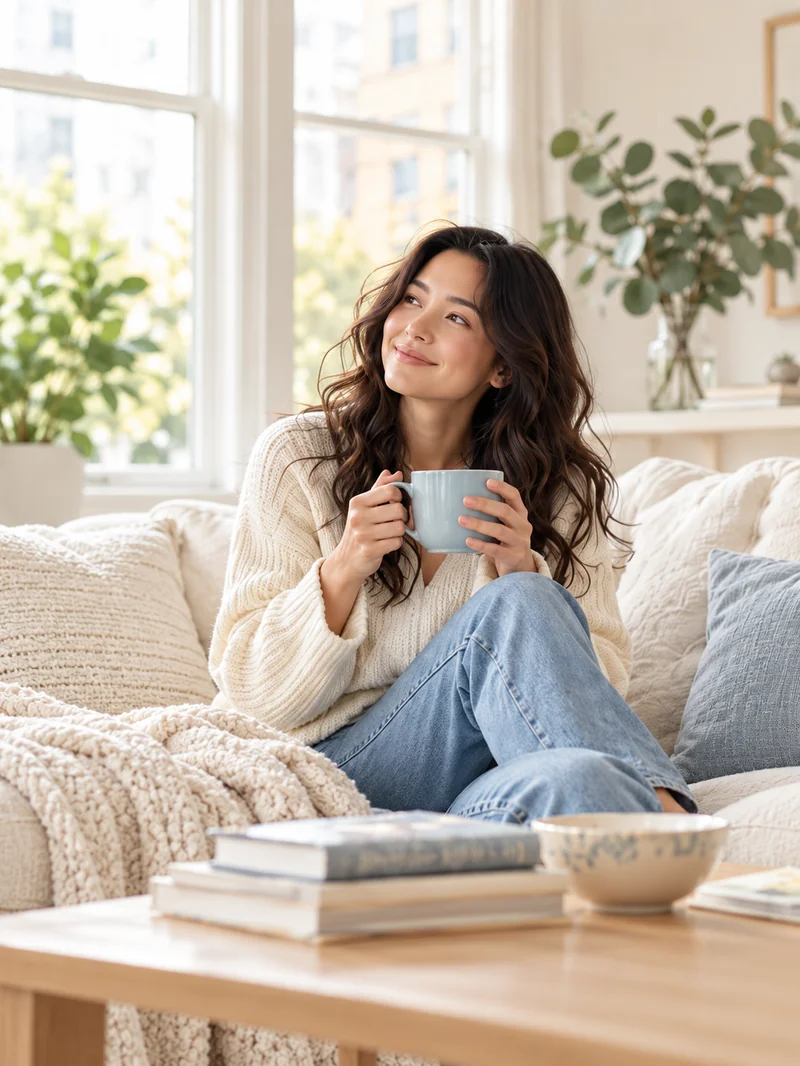 Woman at home on her sofa, phone in hand, taking a moment