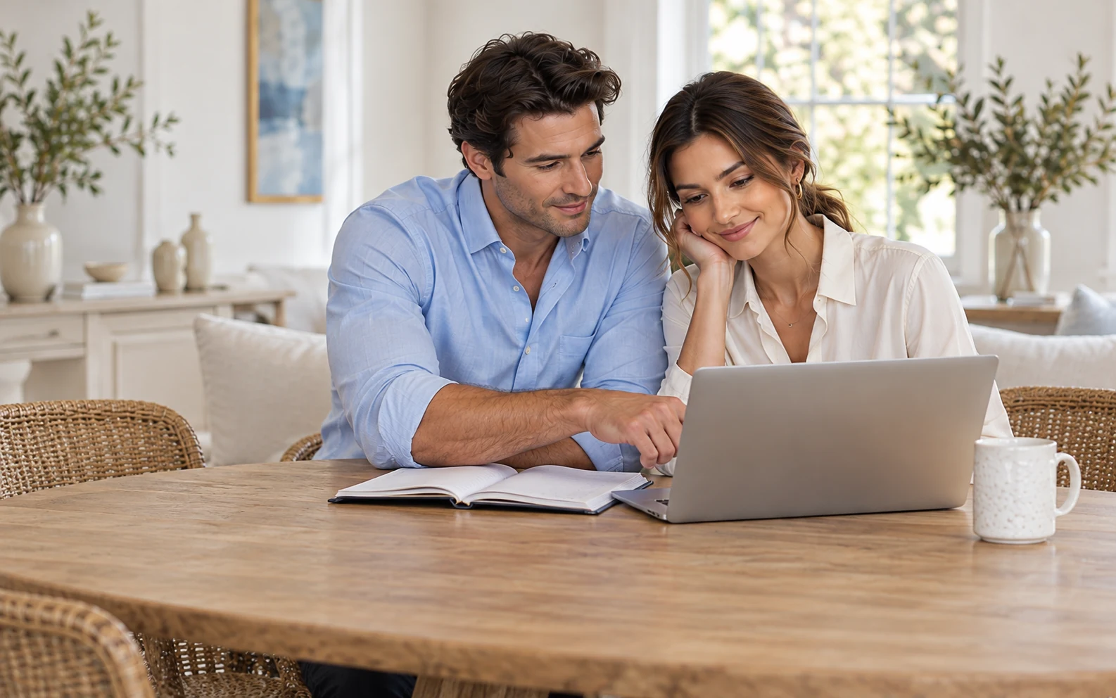 Couple reviewing loan offers together on a laptop at an oak table
