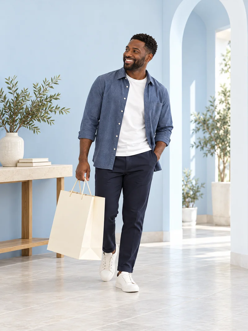 Man walking through a bright hallway with a bag