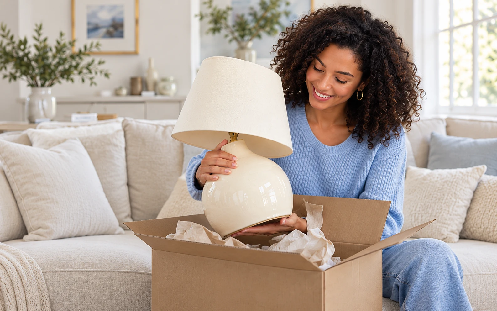 Woman unboxing a new lamp on her sofa at home