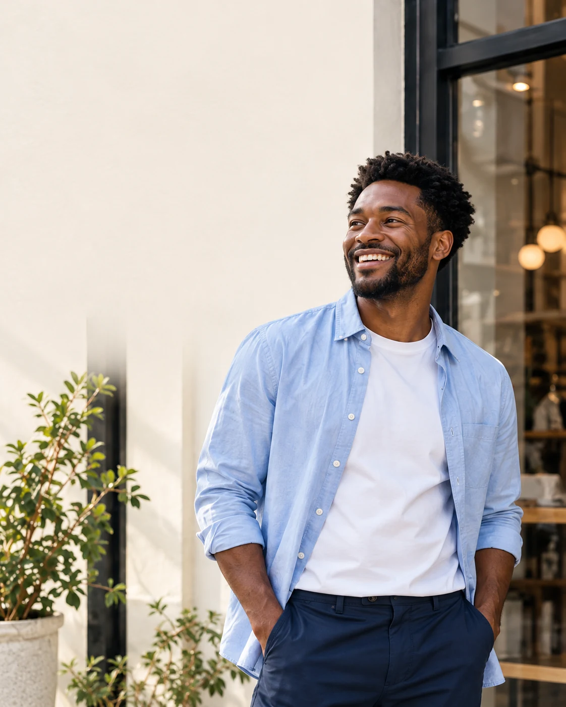 Man in a blue shirt stepping out of a doorway, smiling