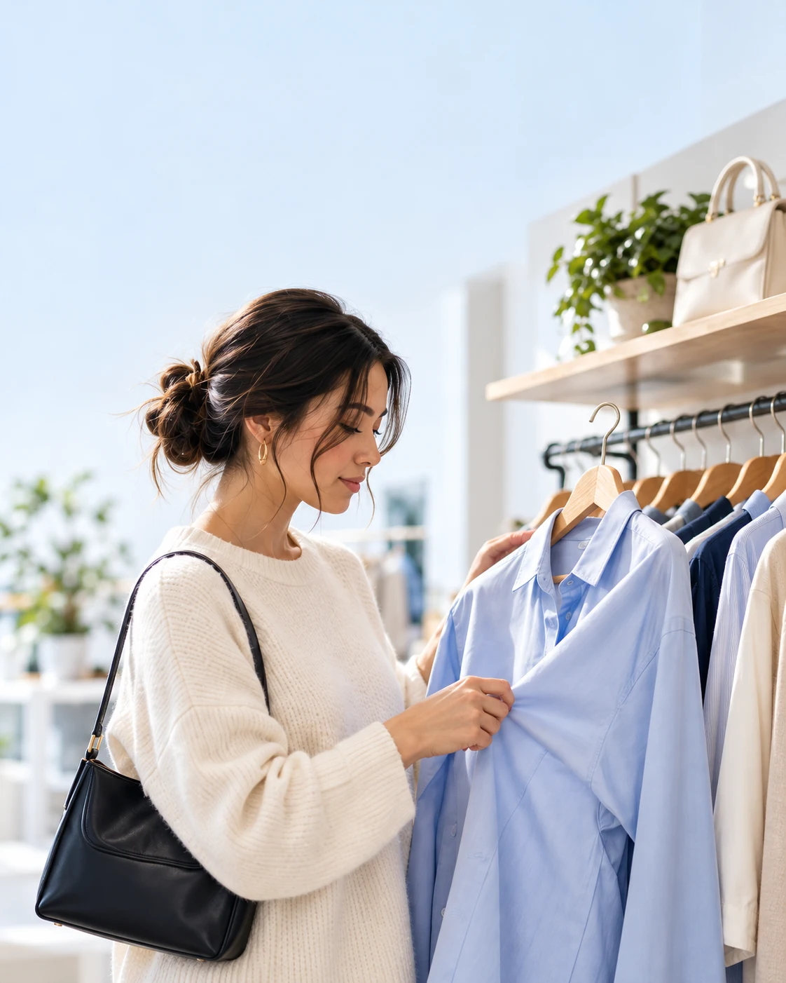 Woman comparing two options on a boutique rail